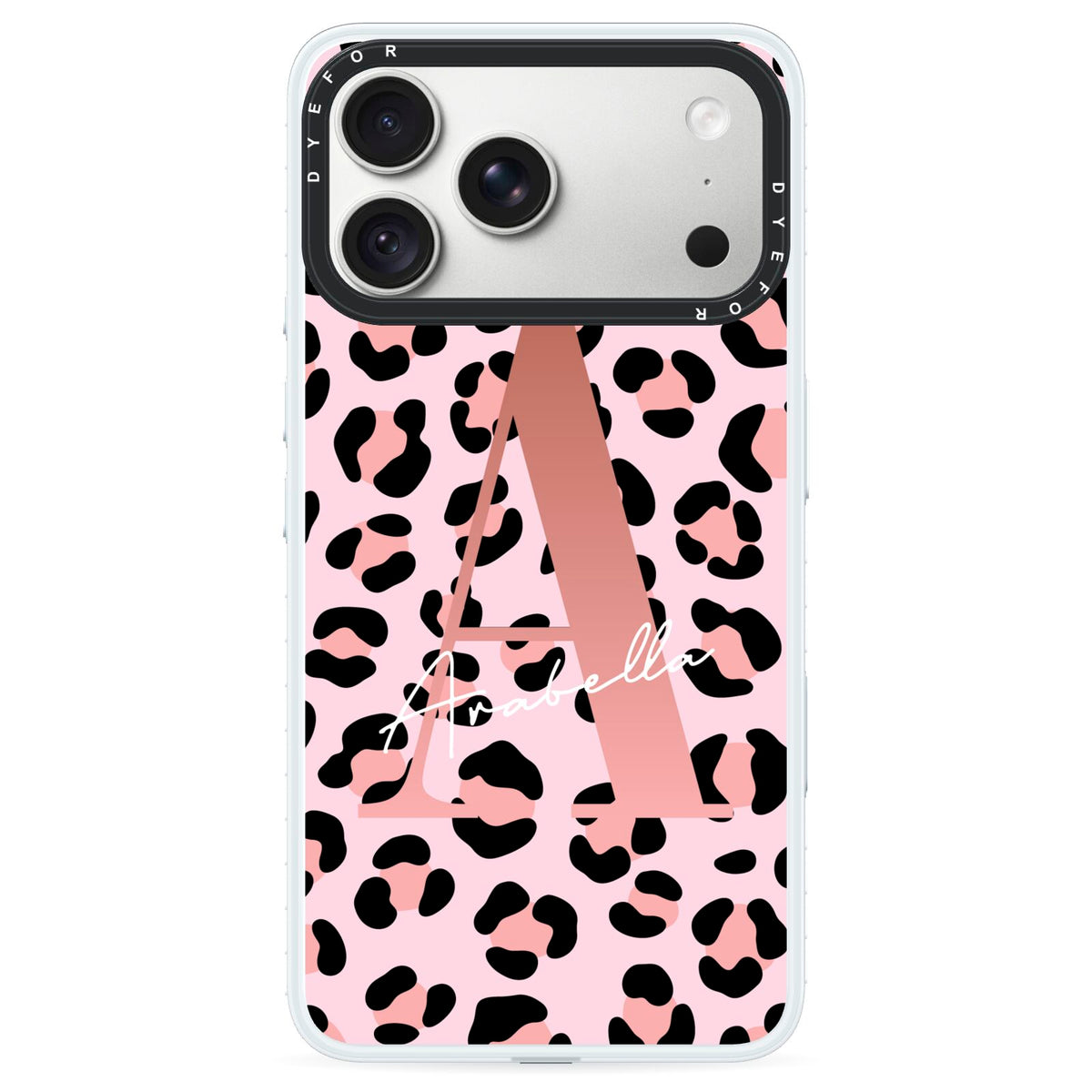 Personalised Leopard Print Initial iPhone 18 Pro Black Impact Pre order Case on Silver phone