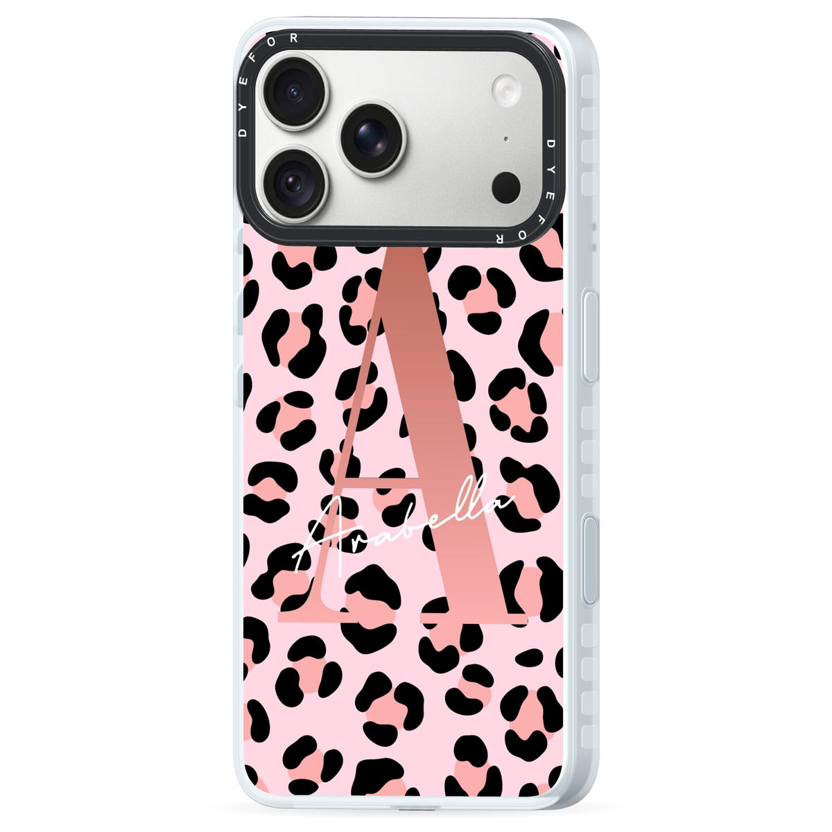 Personalised Leopard Print Initial iPhone 18 Pro Max Black Impact Pre order Case Side Angle on Silver phone
