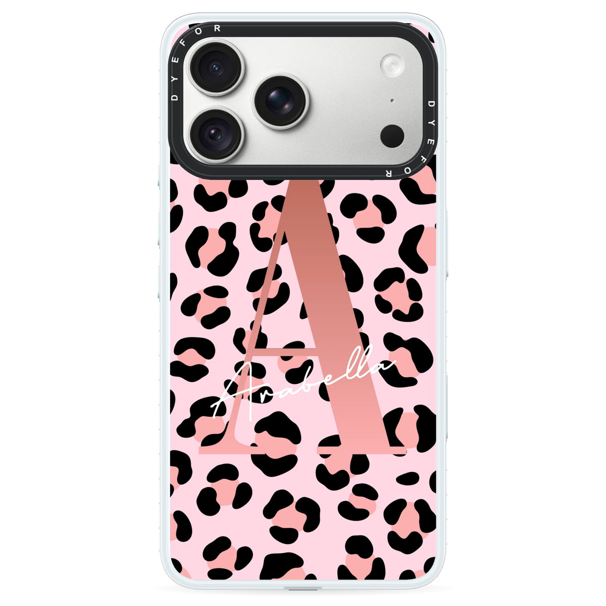 Personalised Leopard Print Initial iPhone 18 Pro Max Black Impact Pre order Case on Silver phone
