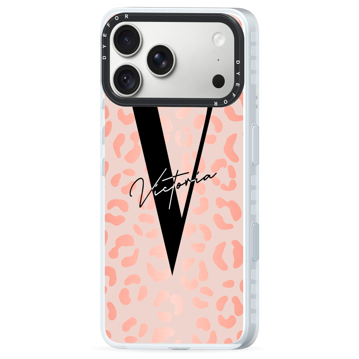 Personalised Leopard Print Rose Gold iPhone 18 Pro Black Impact Pre order Case Side Angle on Silver phone