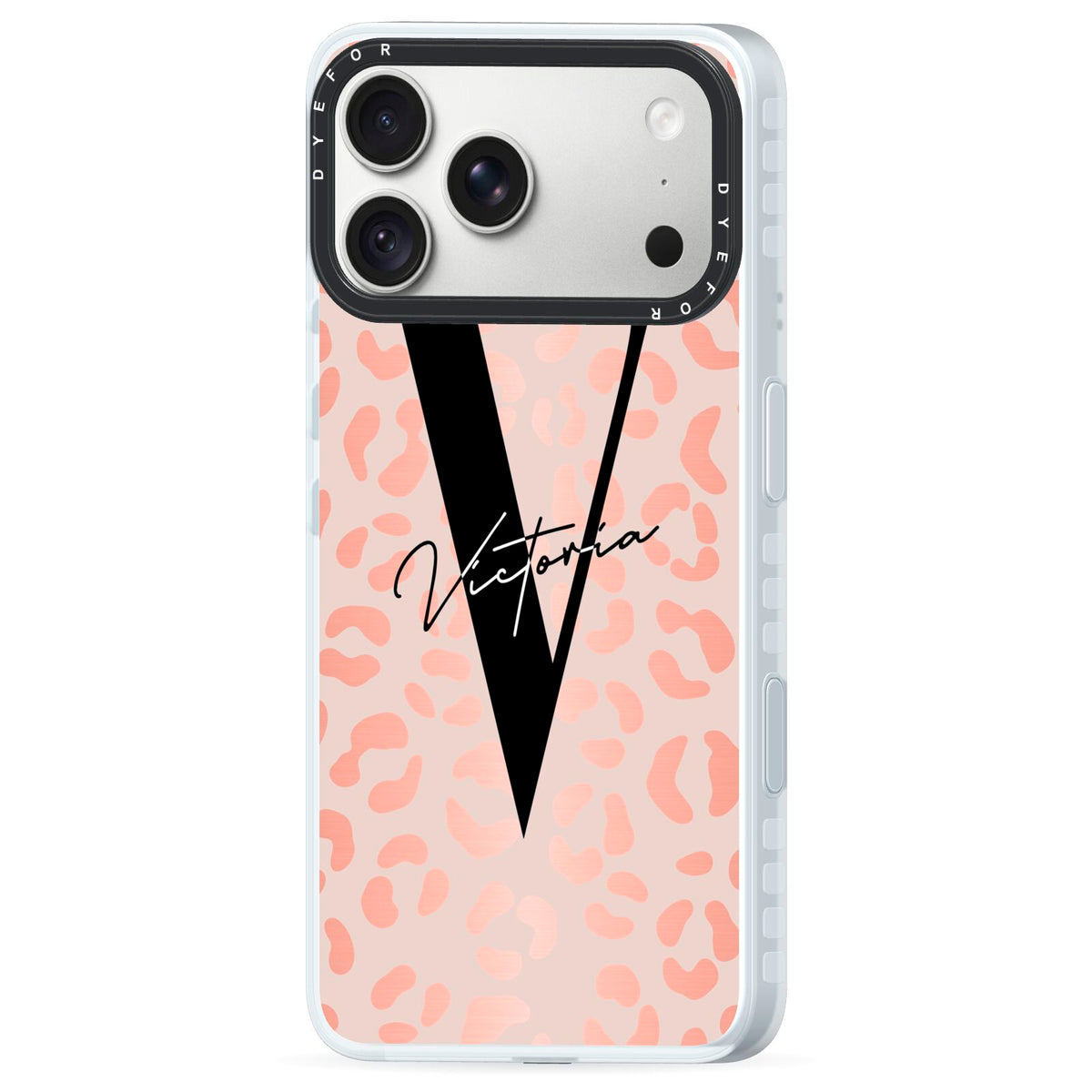 Personalised Leopard Print Rose Gold iPhone 18 Pro Max Black Impact Pre order Case Side Angle on Silver phone