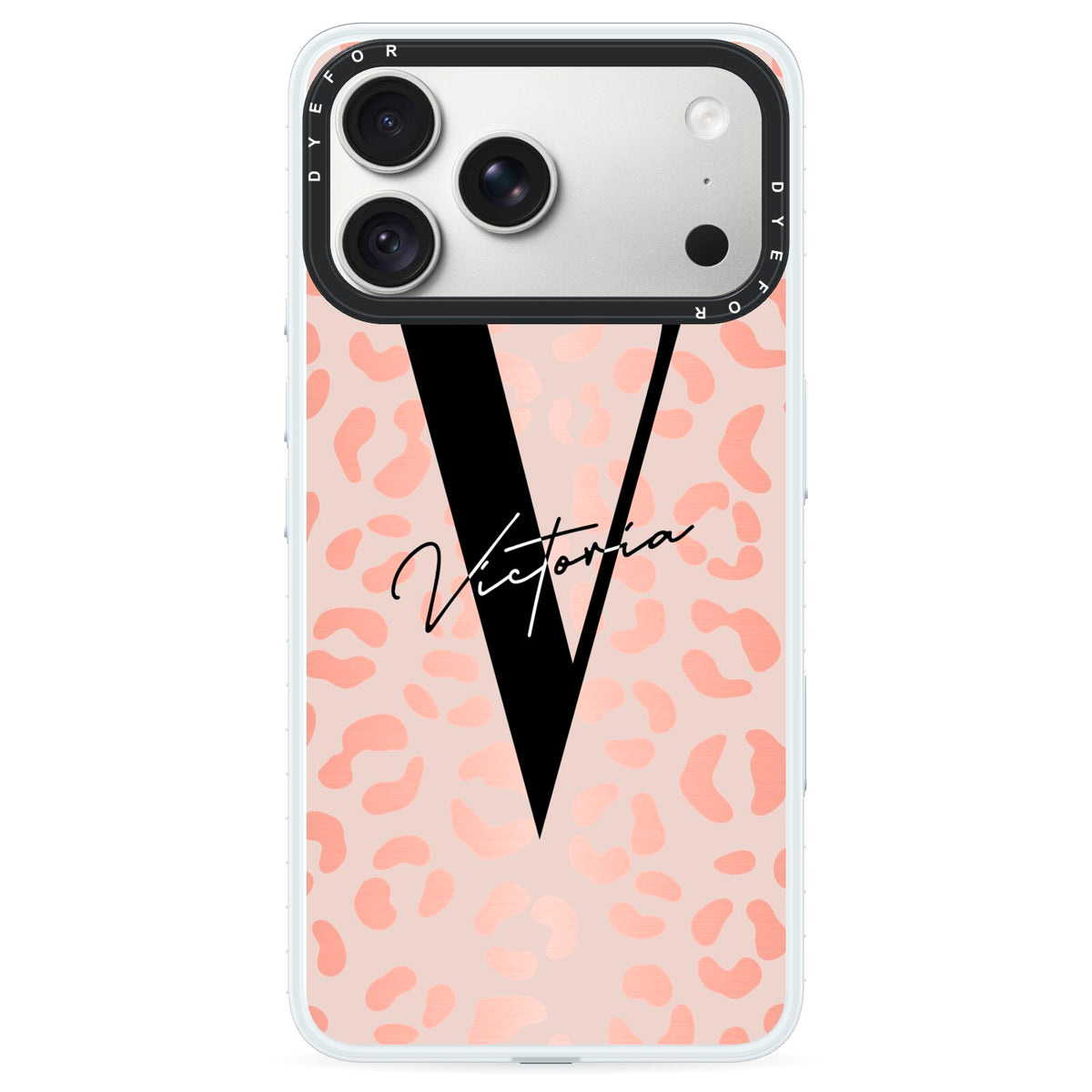 Personalised Leopard Print Rose Gold iPhone 18 Pro Max Black Impact Pre order Case on Silver phone