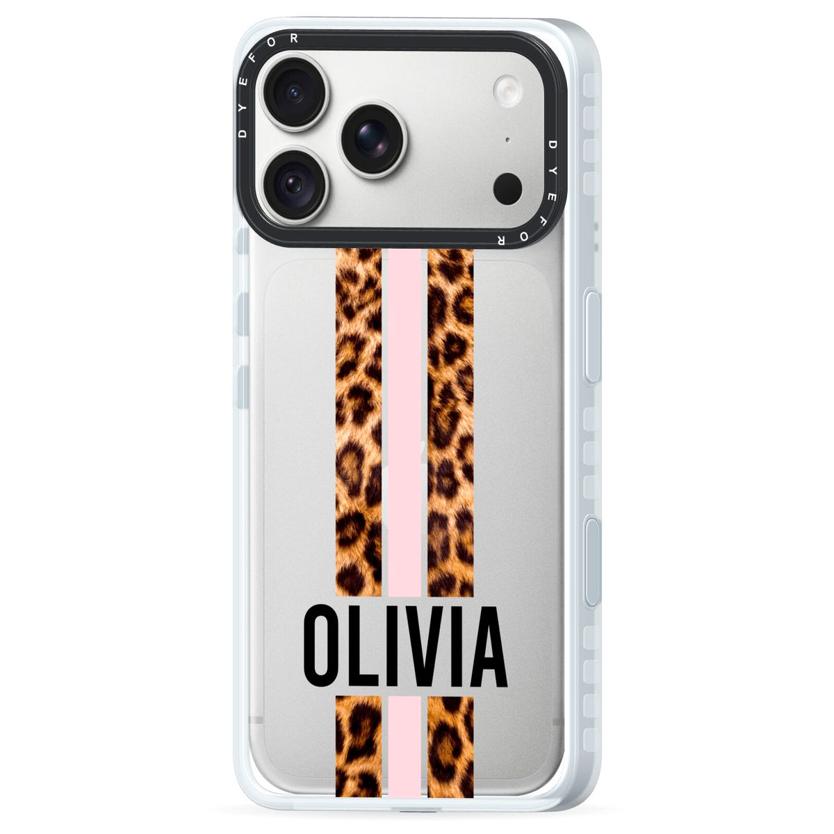 Personalised Leopard Print Stripe iPhone 18 Pro Black Impact Pre order Case Side Angle on Silver phone