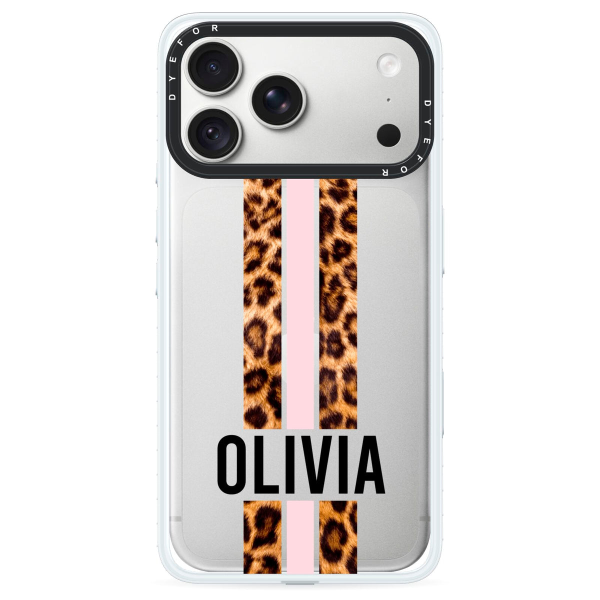 Personalised Leopard Print Stripe iPhone 18 Pro Black Impact Pre order Case on Silver phone