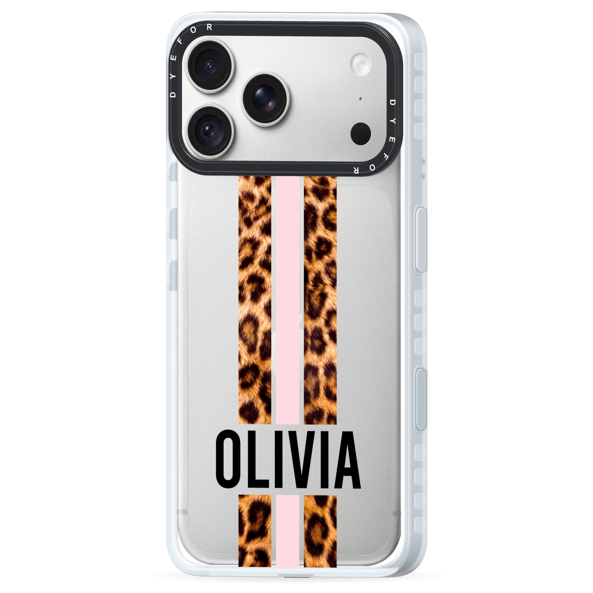 Personalised Leopard Print Stripe iPhone 18 Pro Max Black Impact Pre order Case Side Angle on Silver phone