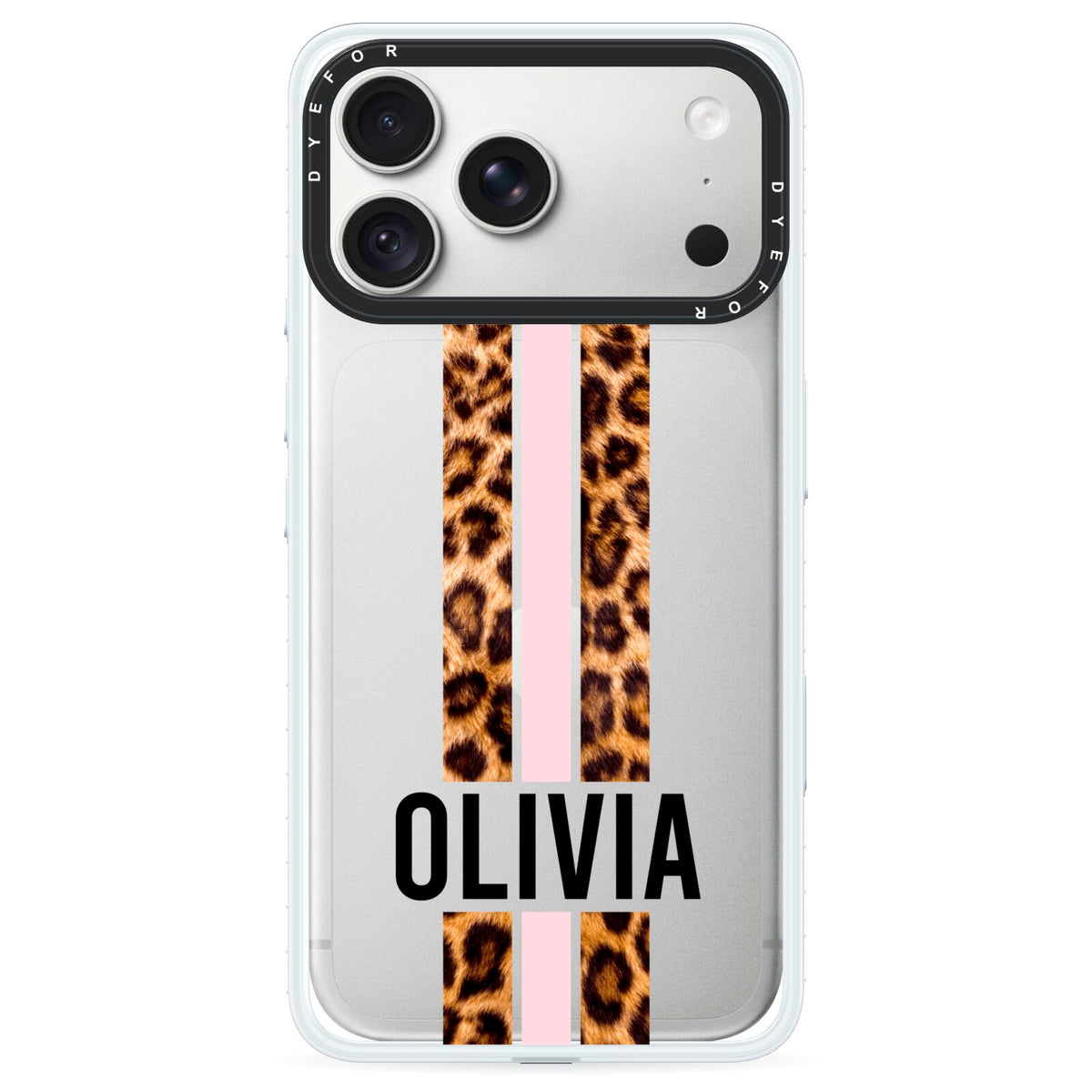 Personalised Leopard Print Stripe iPhone 18 Pro Max Black Impact Pre order Case on Silver phone