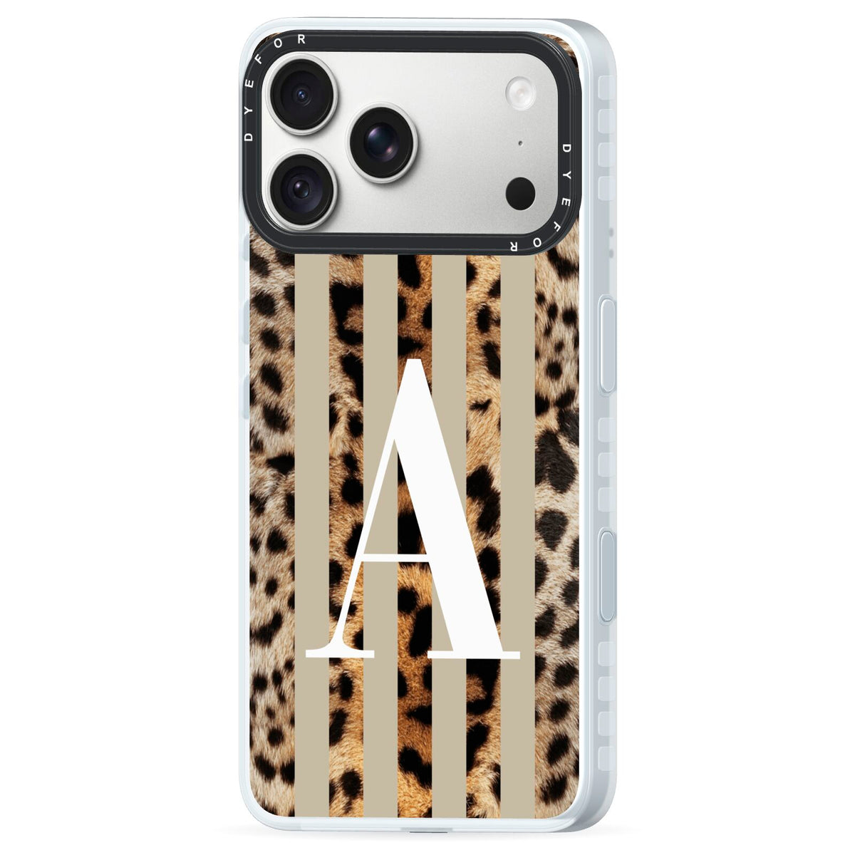 Personalised Leopard Stripes iPhone 18 Pro Black Impact Pre order Case Side Angle on Silver phone