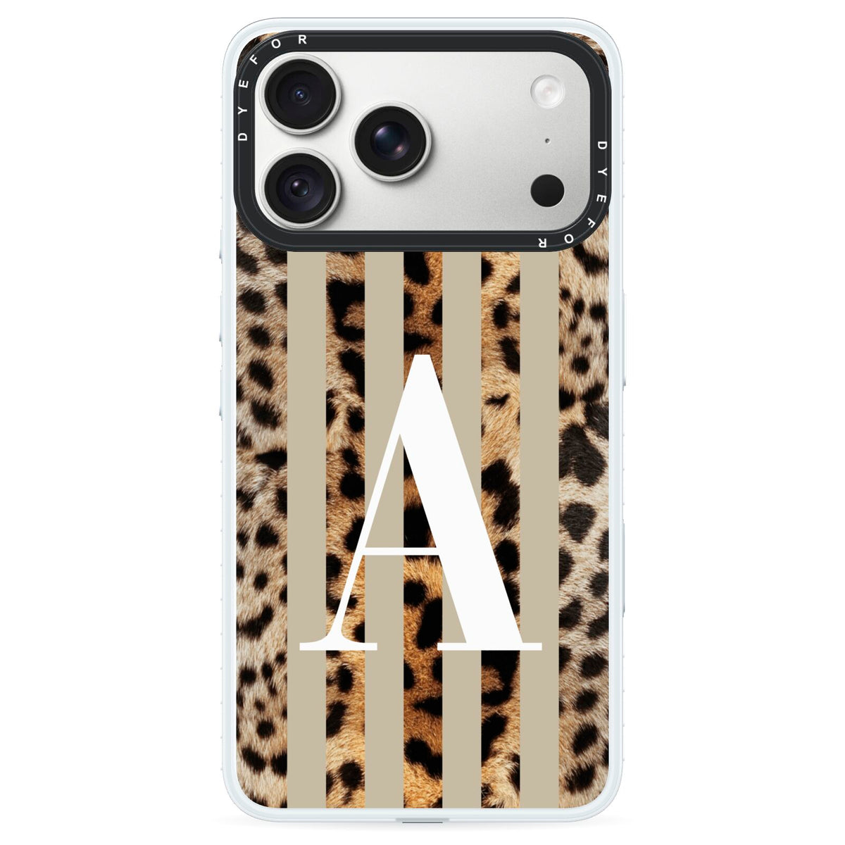 Personalised Leopard Stripes iPhone 18 Pro Black Impact Pre order Case on Silver phone