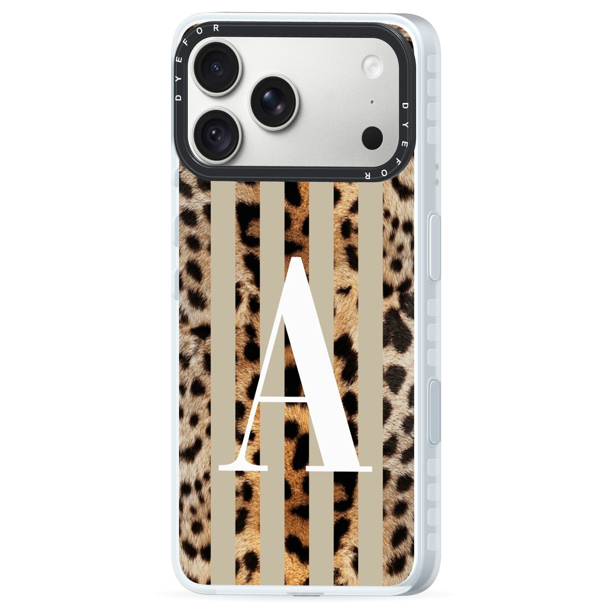 Personalised Leopard Stripes iPhone 18 Pro Max Black Impact Pre order Case Side Angle on Silver phone