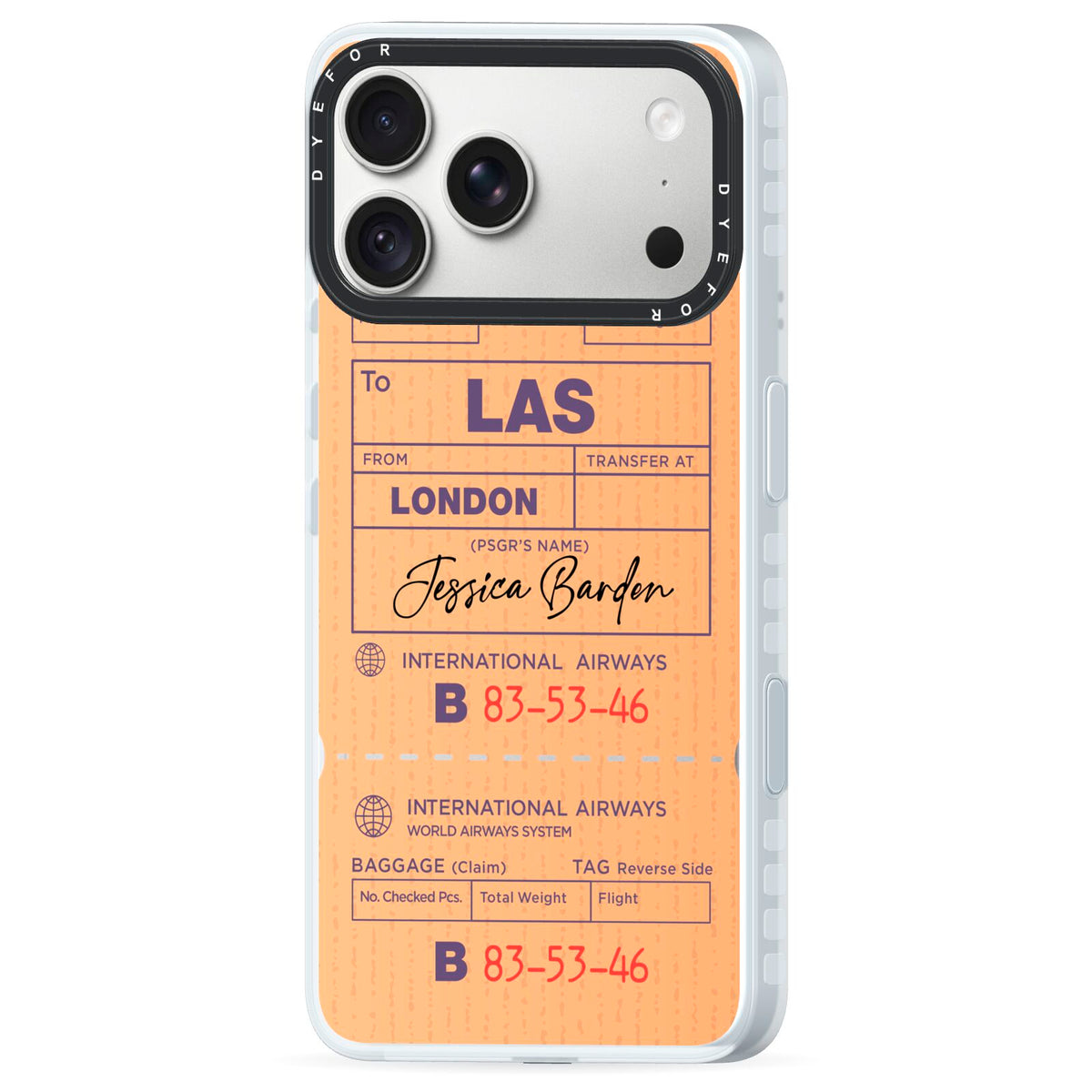 Personalised Luggage Tag iPhone 18 Pro Black Impact Pre order Case Side Angle on Silver phone