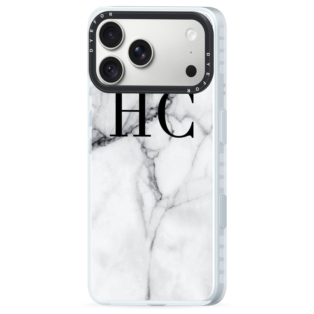 Personalised Marble Effect Initials Monogram iPhone 18 Pro Black Impact Pre order Case Side Angle on Silver phone