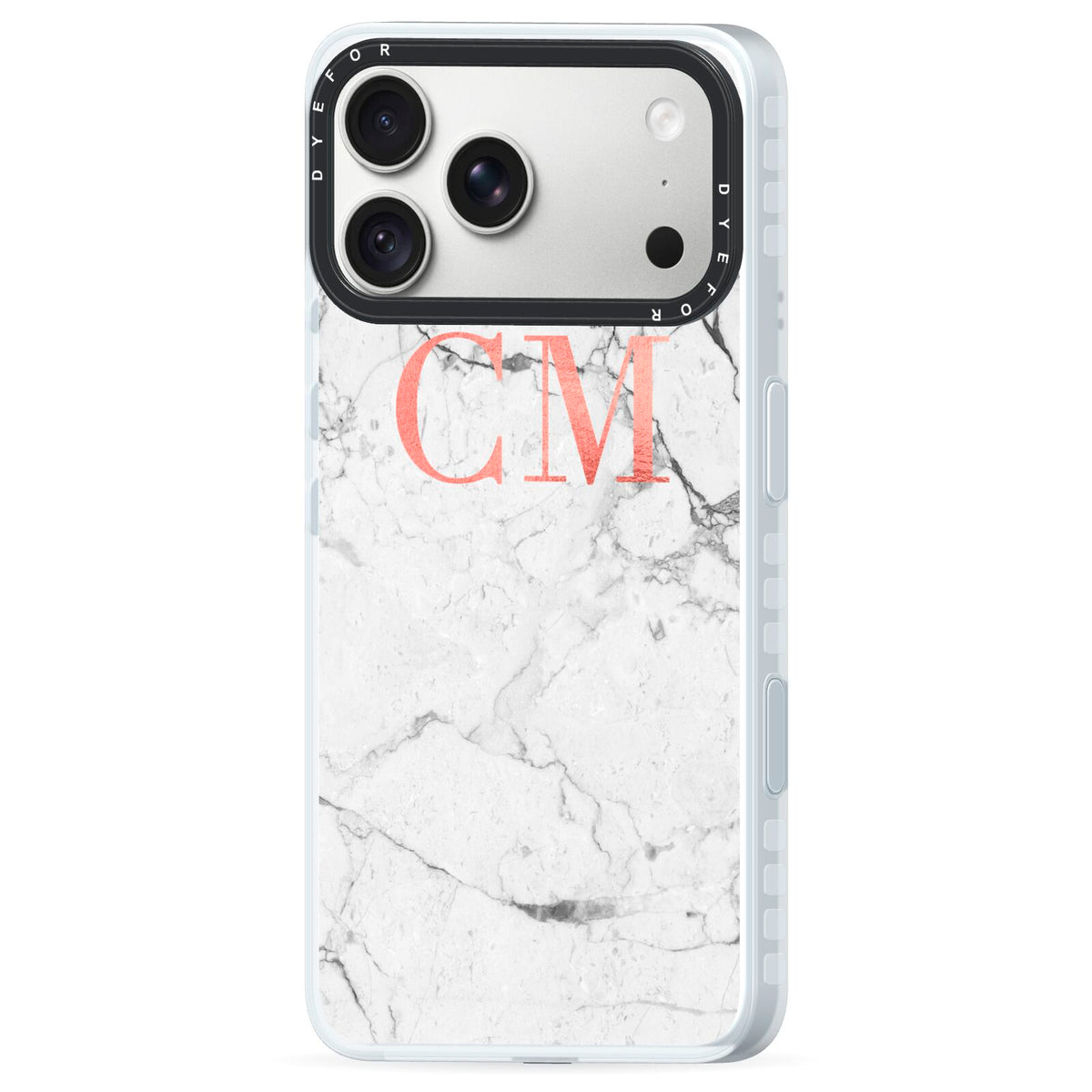 Personalised Marble Initial Rose Gold iPhone 18 Pro Black Impact Pre order Case Side Angle on Silver phone