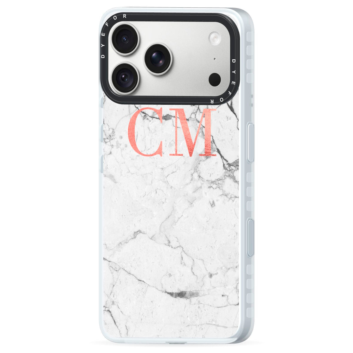 Personalised Marble Initial Rose Gold iPhone 18 Pro Max Black Impact Pre order Case Side Angle on Silver phone