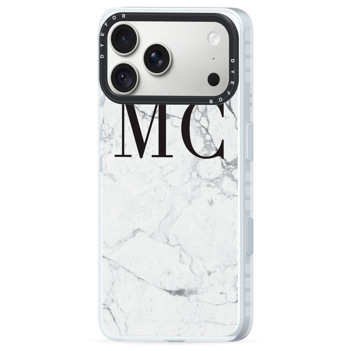 Personalised Marble Initials iPhone 18 Pro Black Impact Pre order Case Side Angle on Silver phone