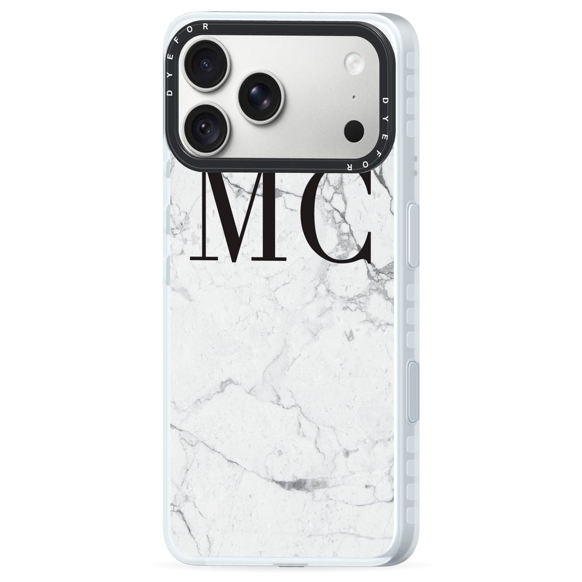 Personalised Marble Initials iPhone 18 Pro Max Black Impact Pre order Case Side Angle on Silver phone