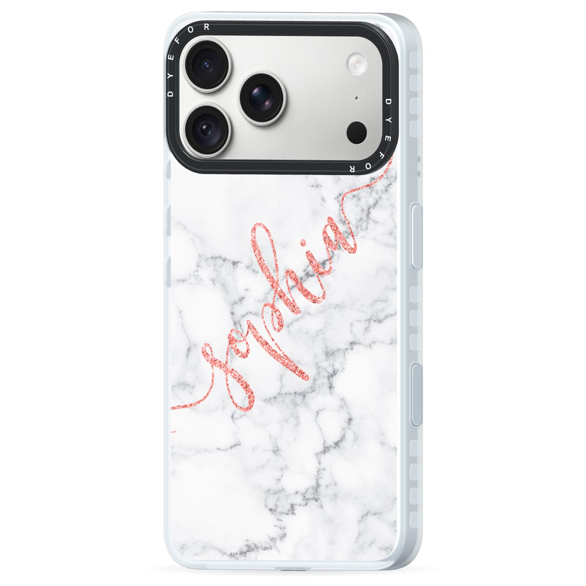 Personalised Marble with Pink Glitter Text iPhone 18 Pro Black Impact Pre order Case Side Angle on Silver phone