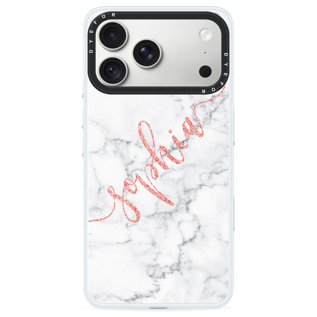 Personalised Marble with Pink Glitter Text iPhone 18 Pro Black Impact Pre order Case on Silver phone