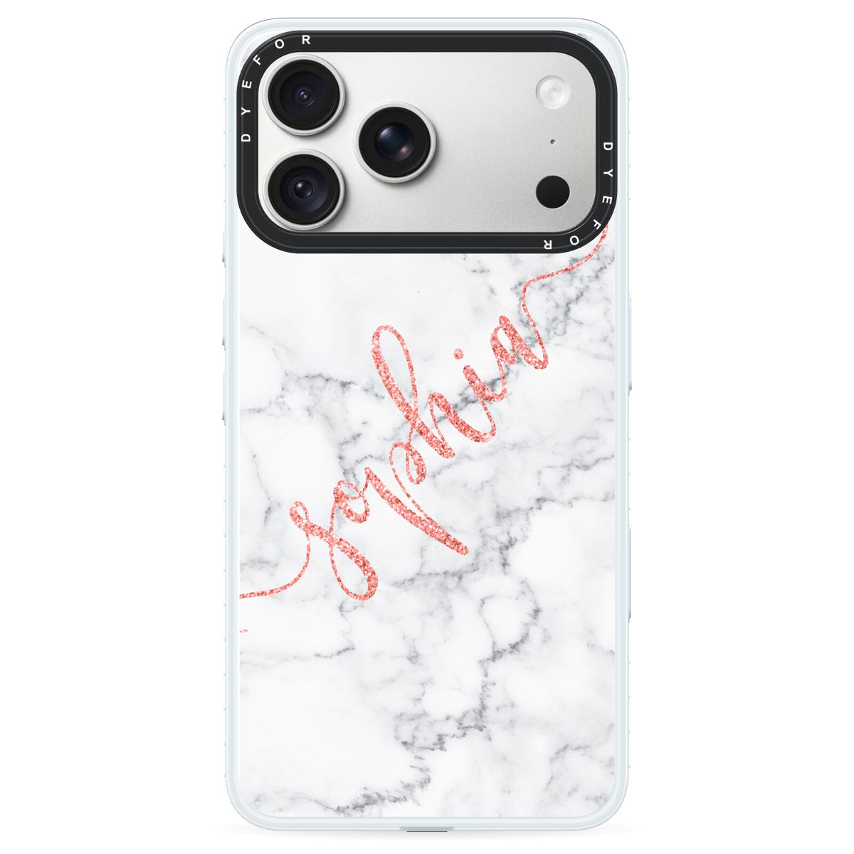 Personalised Marble with Pink Glitter Text iPhone 18 Pro Max Black Impact Pre order Case on Silver phone