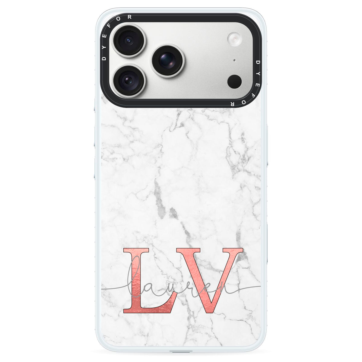 Personalised Marble with Rose Gold Initials iPhone 18 Pro Black Impact Pre order Case on Silver phone