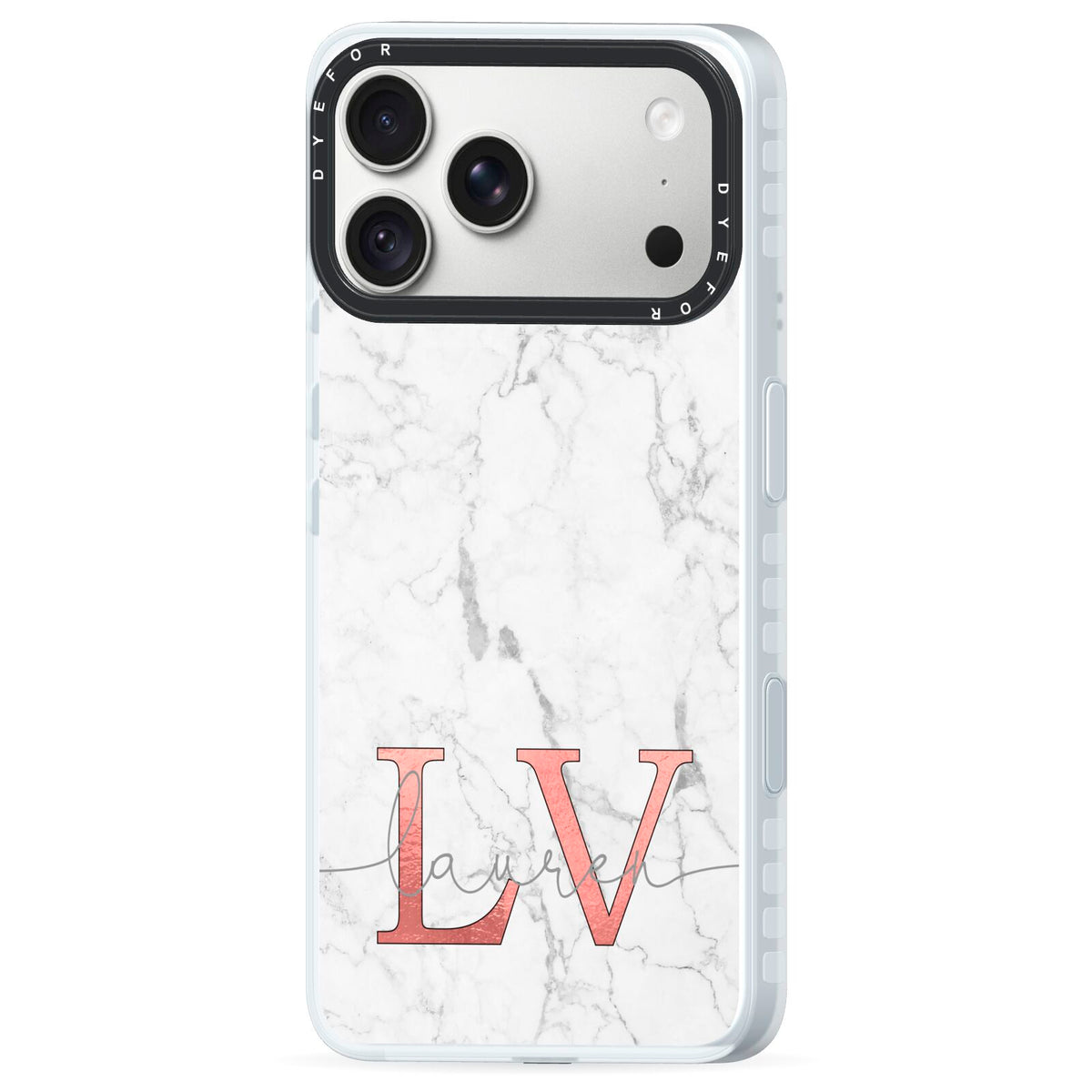Personalised Marble with Rose Gold Initials iPhone 18 Pro Max Black Impact Pre order Case Side Angle on Silver phone