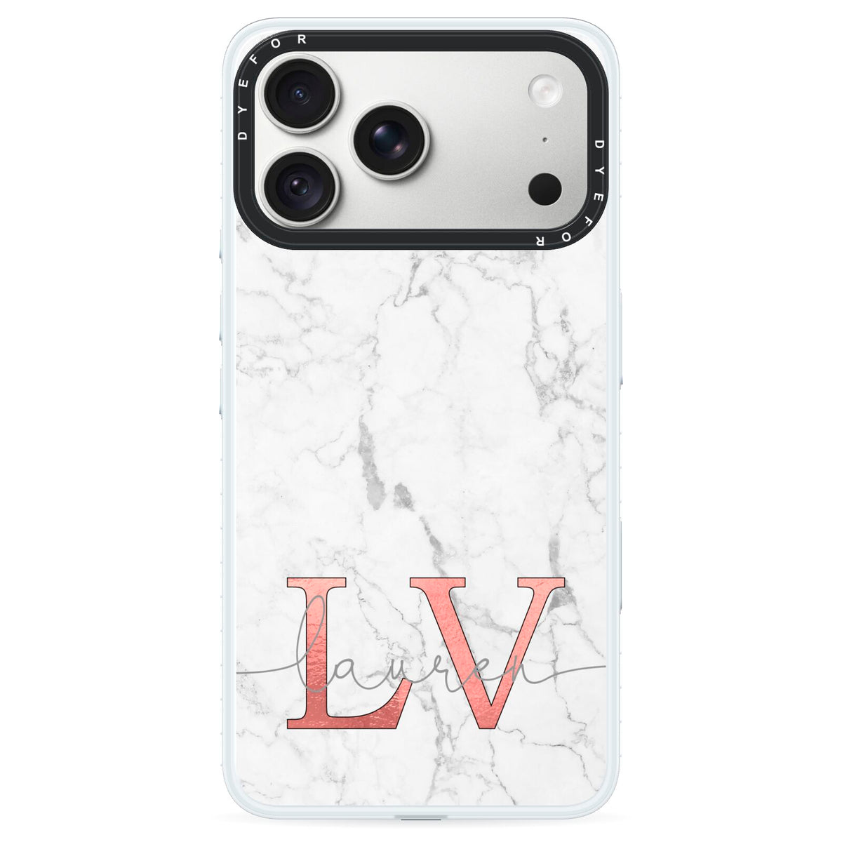 Personalised Marble with Rose Gold Initials iPhone 18 Pro Max Black Impact Pre order Case on Silver phone