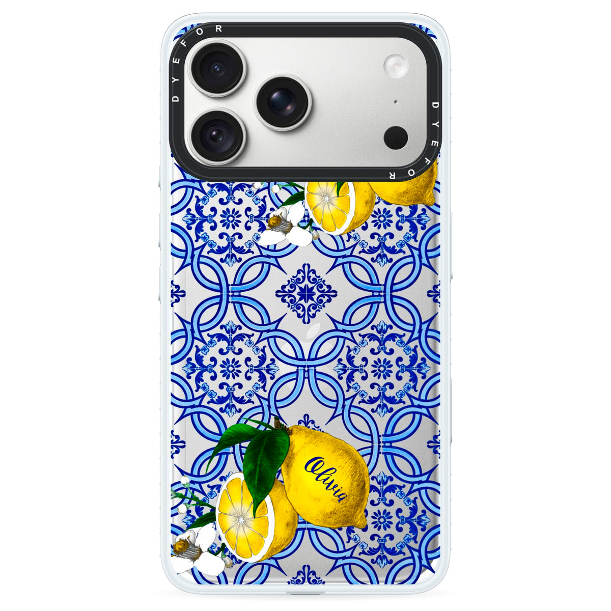 Personalised Mediterranean Tiles and Lemons iPhone 18 Pro Black Impact Pre order Case on Silver phone