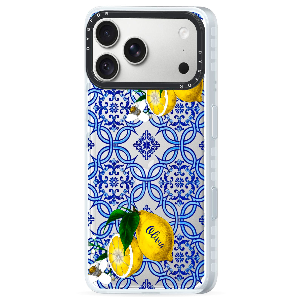 Personalised Mediterranean Tiles and Lemons iPhone 18 Pro Max Black Impact Pre order Case Side Angle on Silver phone