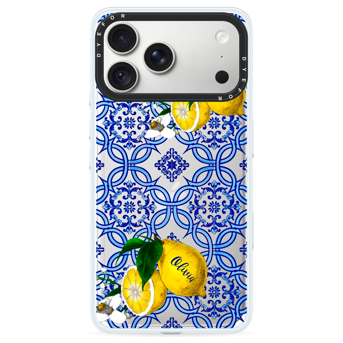Personalised Mediterranean Tiles and Lemons iPhone 18 Pro Max Black Impact Pre order Case on Silver phone