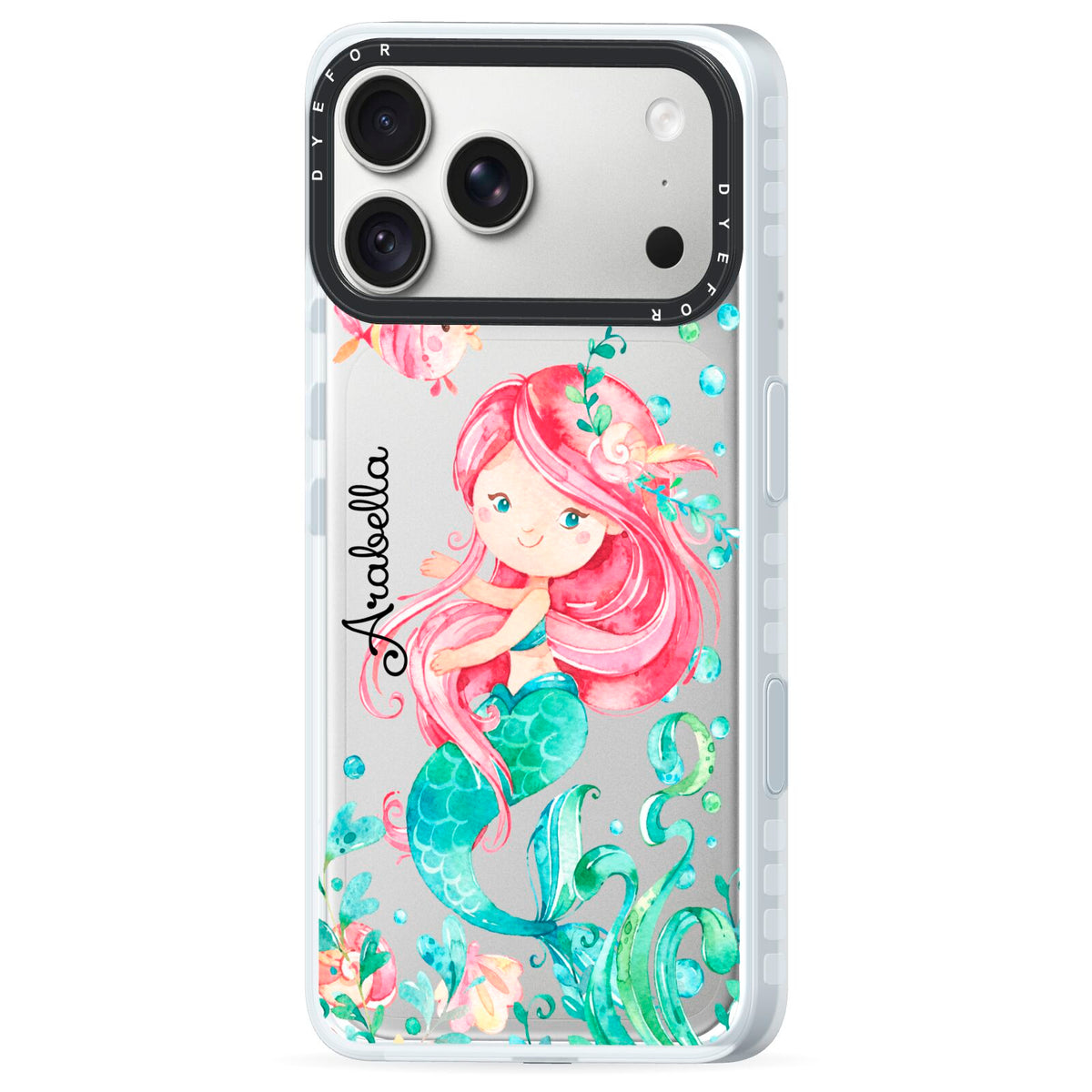 Personalised Mermaid iPhone 18 Pro Black Impact Pre order Case Side Angle on Silver phone