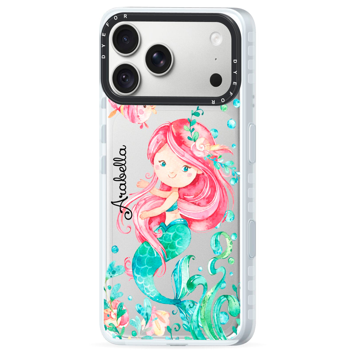 Personalised Mermaid iPhone 18 Pro Max Black Impact Pre order Case Side Angle on Silver phone