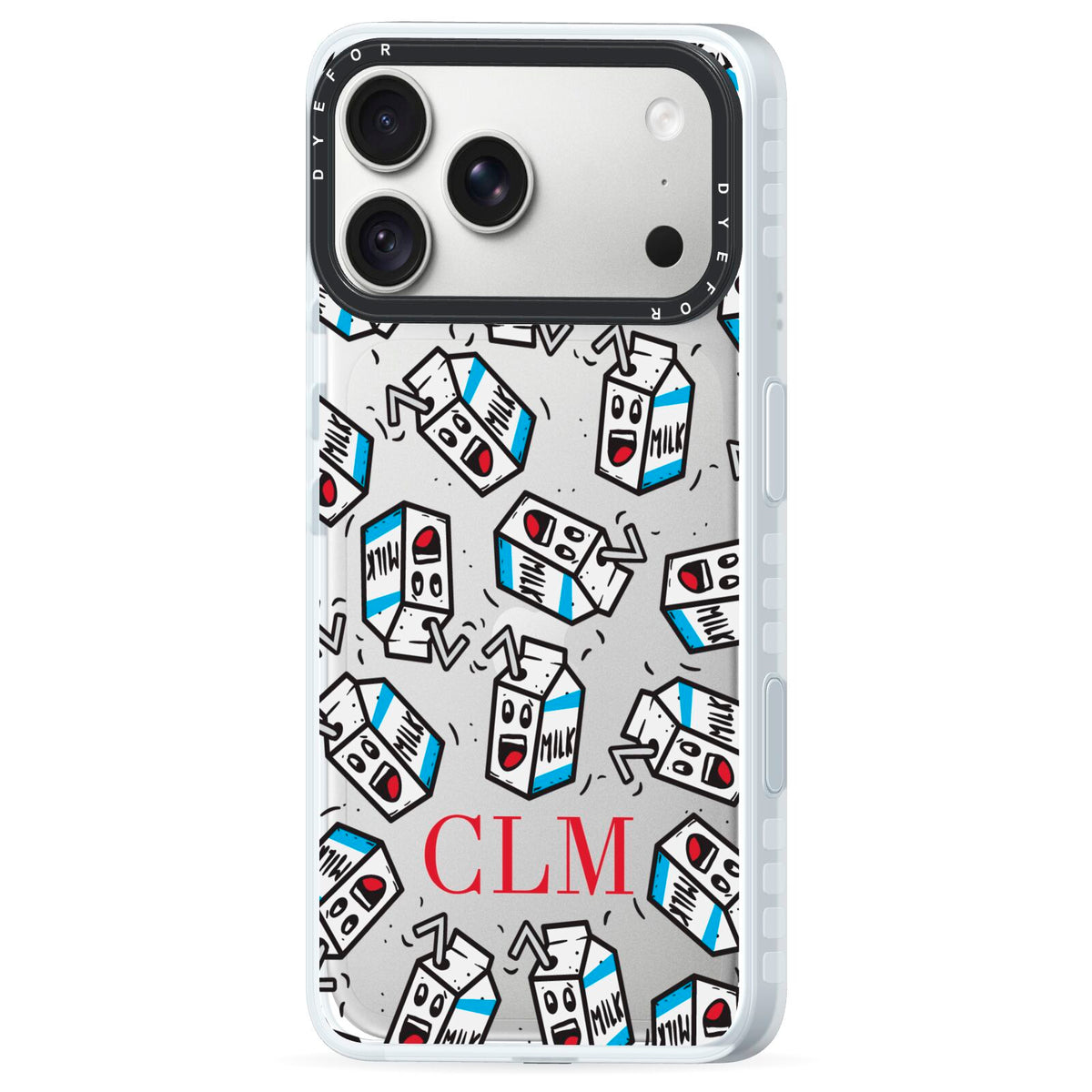 Personalised Milk Carton Initials iPhone 18 Pro Max Black Impact Pre order Case Side Angle on Silver phone