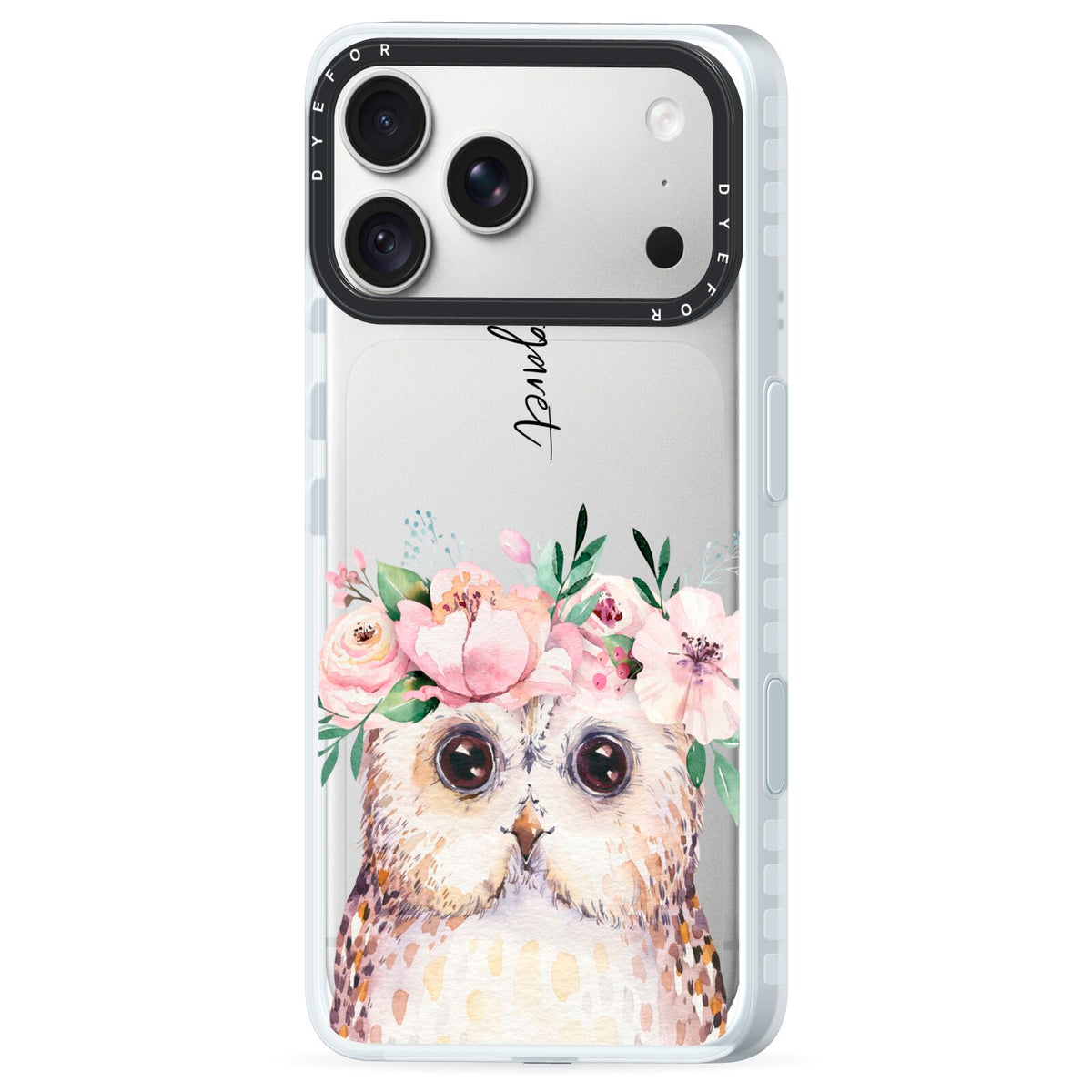 Personalised Name Owl iPhone 18 Pro Black Impact Pre order Case Side Angle on Silver phone