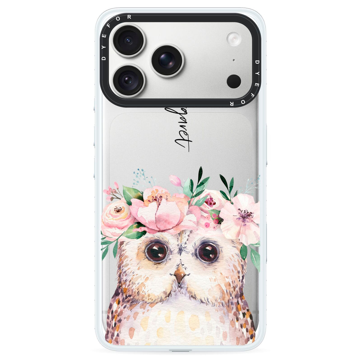 Personalised Name Owl iPhone 18 Pro Black Impact Pre order Case on Silver phone