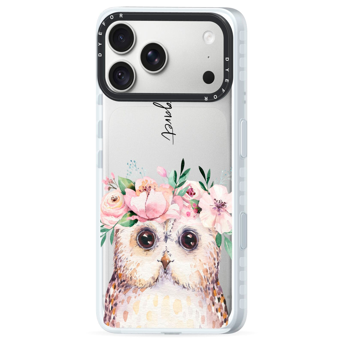 Personalised Name Owl iPhone 18 Pro Max Black Impact Pre order Case Side Angle on Silver phone