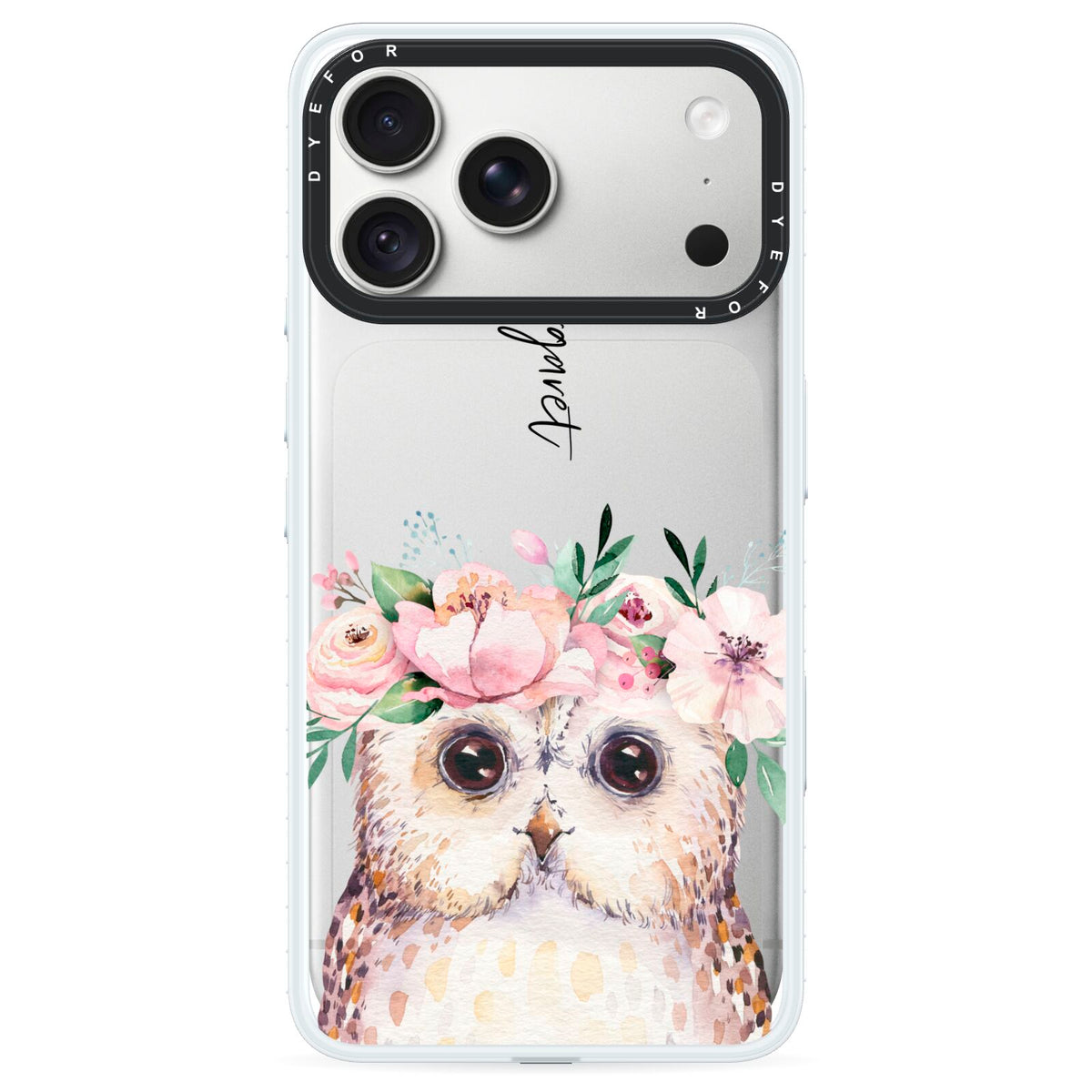 Personalised Name Owl iPhone 18 Pro Max Black Impact Pre order Case on Silver phone