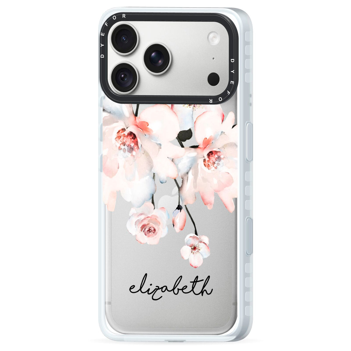 Personalised Name Roses Watercolour iPhone 18 Pro Max Black Impact Pre order Case Side Angle on Silver phone
