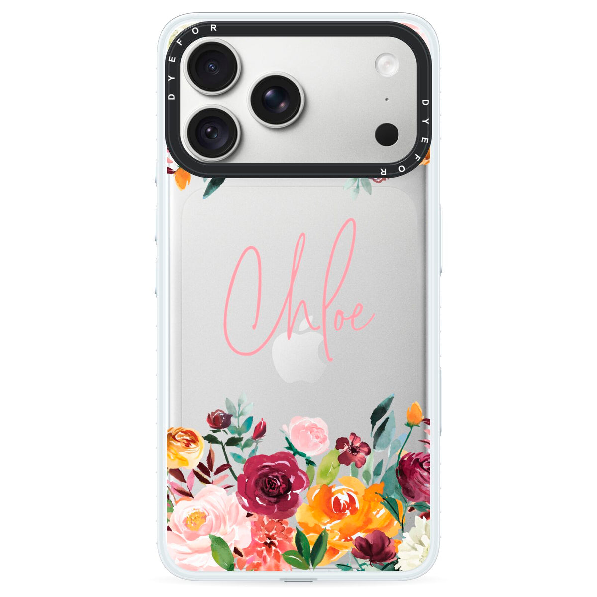 Personalised Name Transparent Flowers iPhone 18 Pro Black Impact Pre order Case on Silver phone