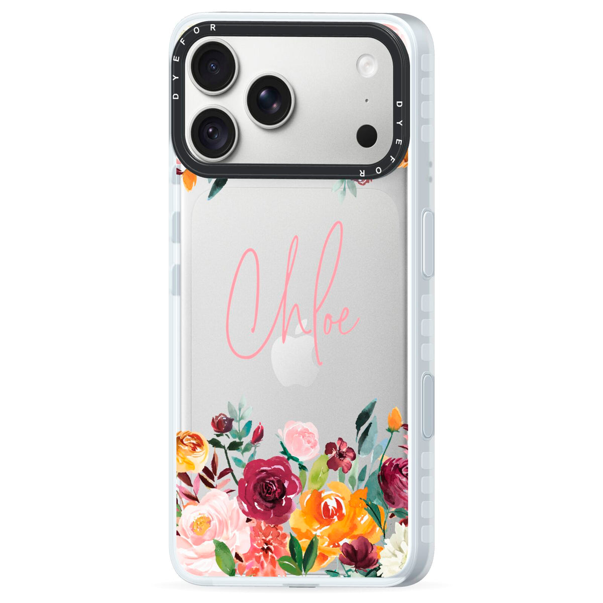 Personalised Name Transparent Flowers iPhone 18 Pro Max Black Impact Pre order Case Side Angle on Silver phone