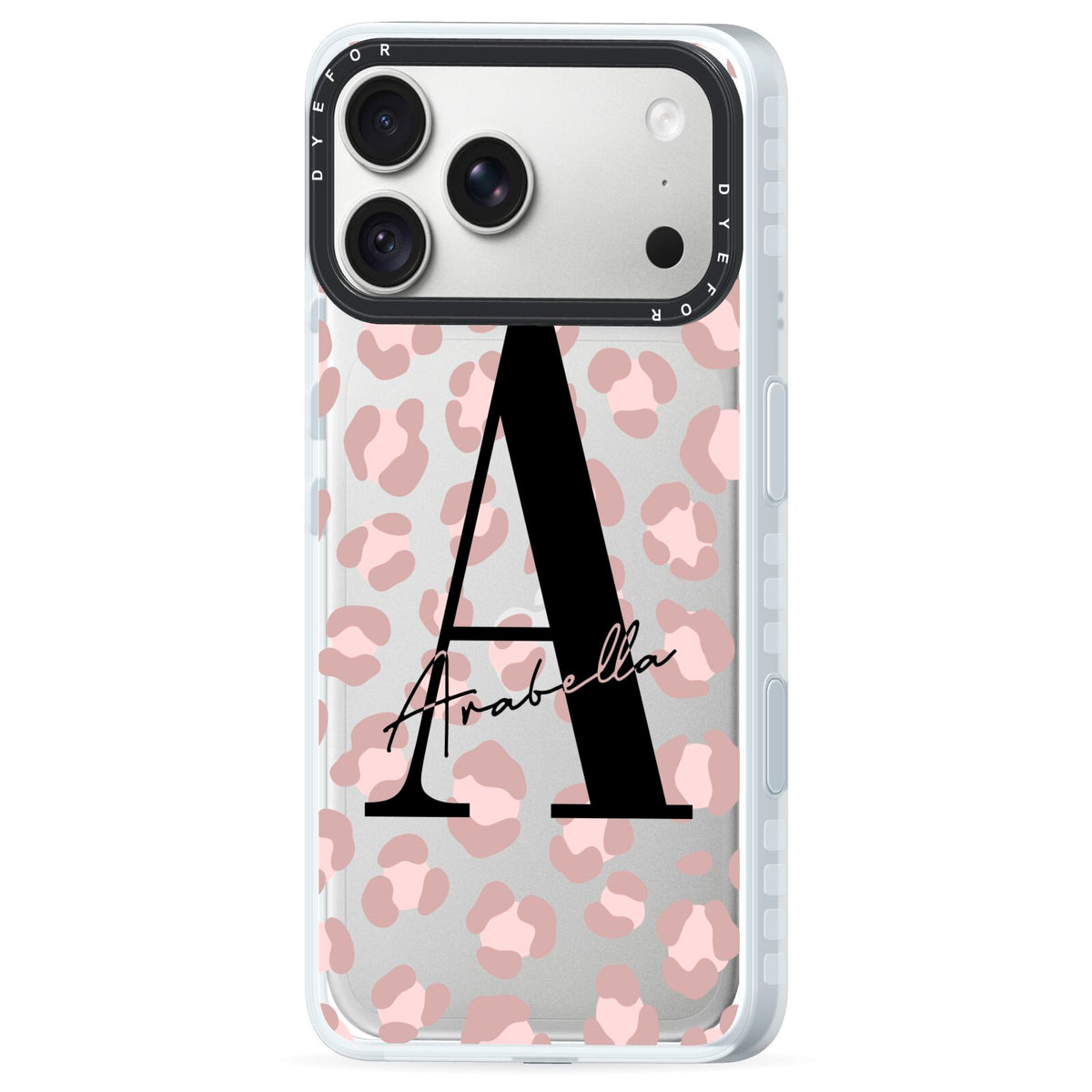 Personalised Nude Pink Leopard iPhone 18 Pro Black Impact Pre order Case Side Angle on Silver phone
