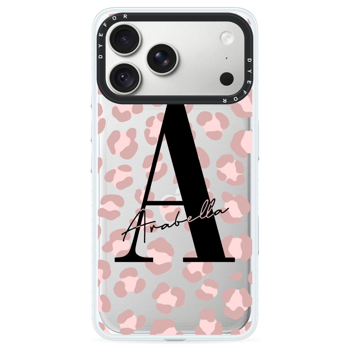 Personalised Nude Pink Leopard iPhone 18 Pro Black Impact Pre order Case on Silver phone