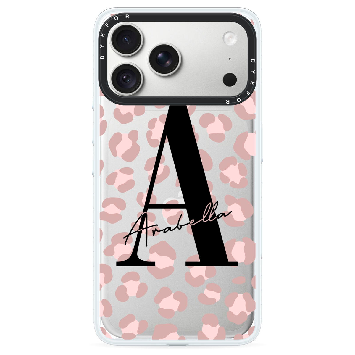Personalised Nude Pink Leopard iPhone 18 Pro Max Black Impact Pre order Case on Silver phone