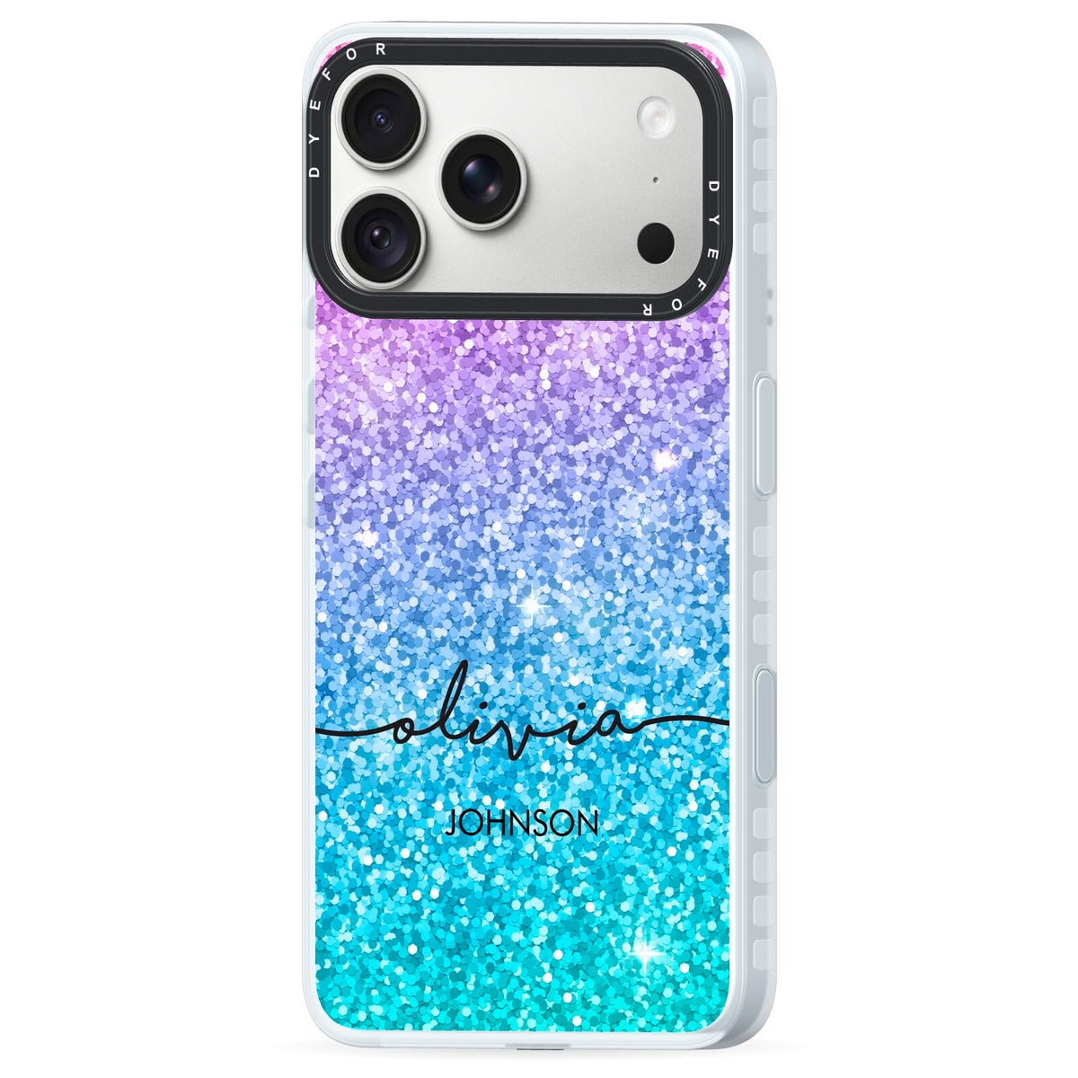 Personalised Ombre Glitter with Names iPhone 18 Pro Max Black Impact Pre order Case Side Angle on Silver phone