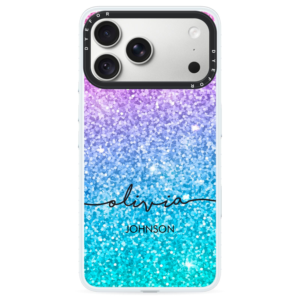 Personalised Ombre Glitter with Names iPhone 18 Pro Max Black Impact Pre order Case on Silver phone