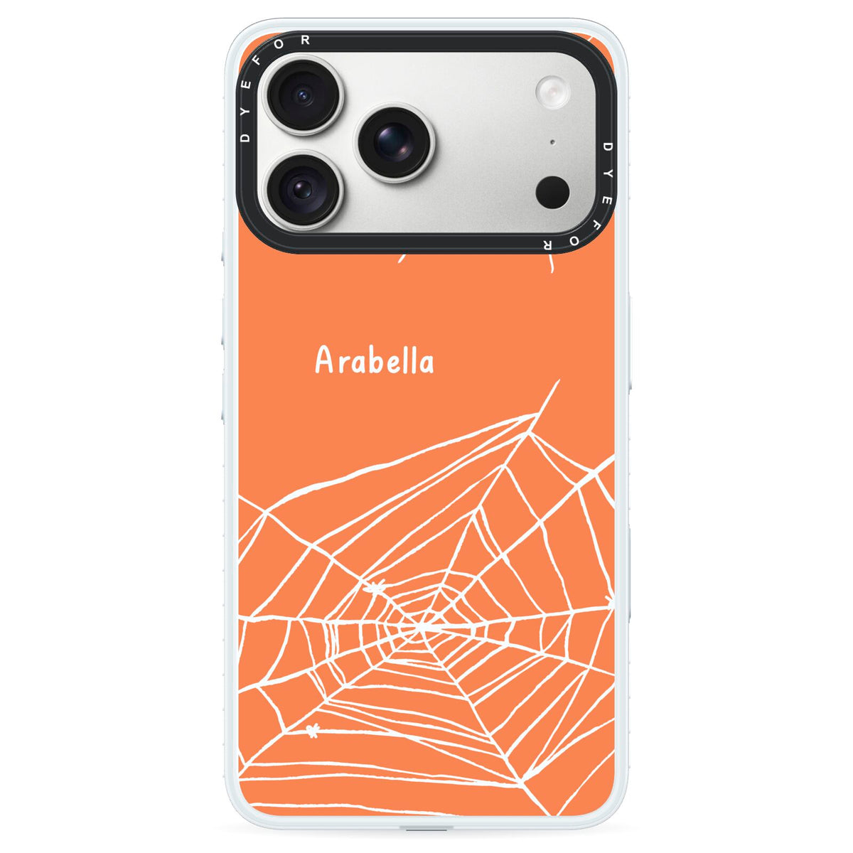 Personalised Orange Cobweb iPhone 18 Pro Black Impact Pre order Case on Silver phone