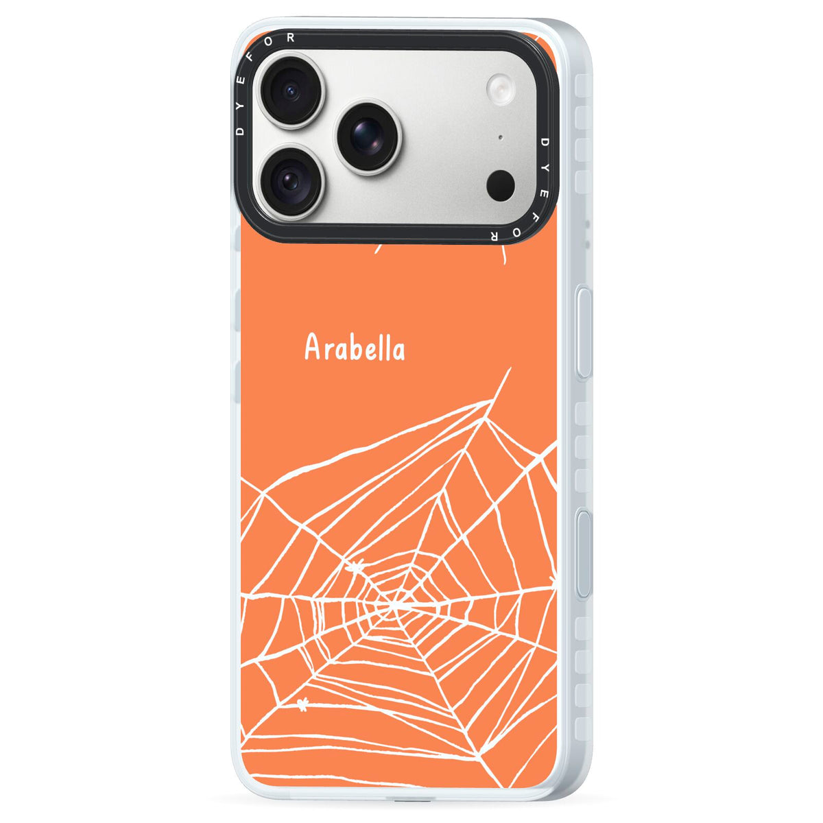 Personalised Orange Cobweb iPhone 18 Pro Max Black Impact Pre order Case Side Angle on Silver phone