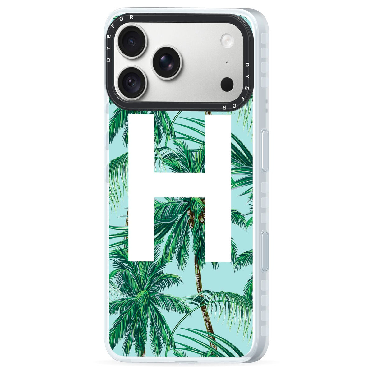Personalised Palm Tree Tropical iPhone 18 Pro Black Impact Pre order Case Side Angle on Silver phone