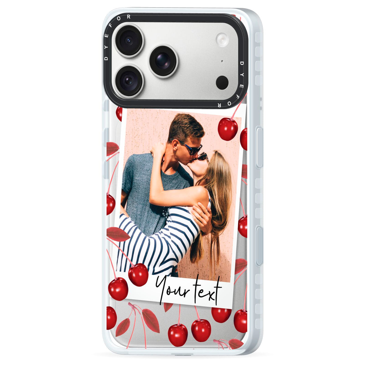 Personalised Photo Cherry iPhone 18 Pro Black Impact Pre order Case Side Angle on Silver phone