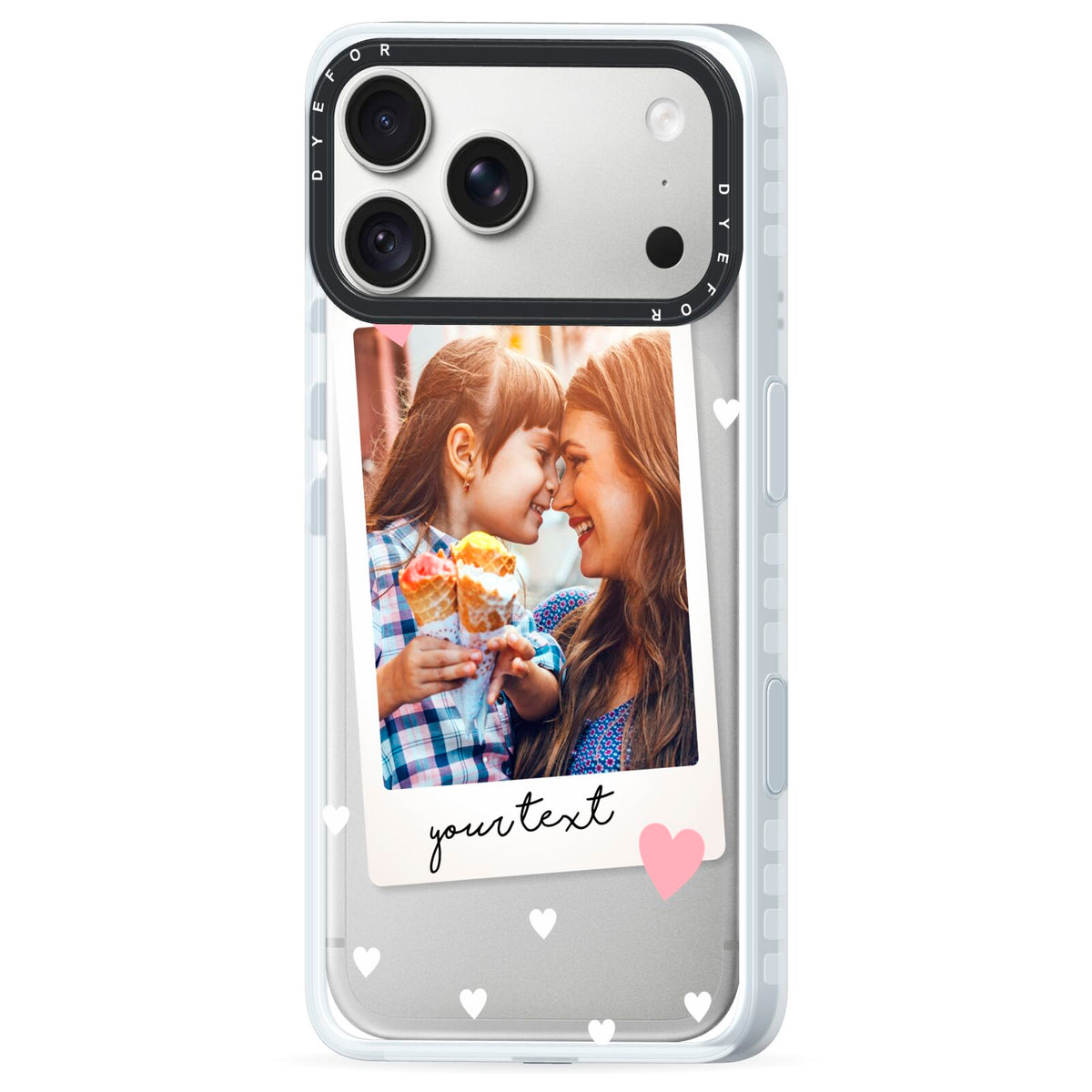 Personalised Photo Love Hearts iPhone 18 Pro Black Impact Pre order Case Side Angle on Silver phone