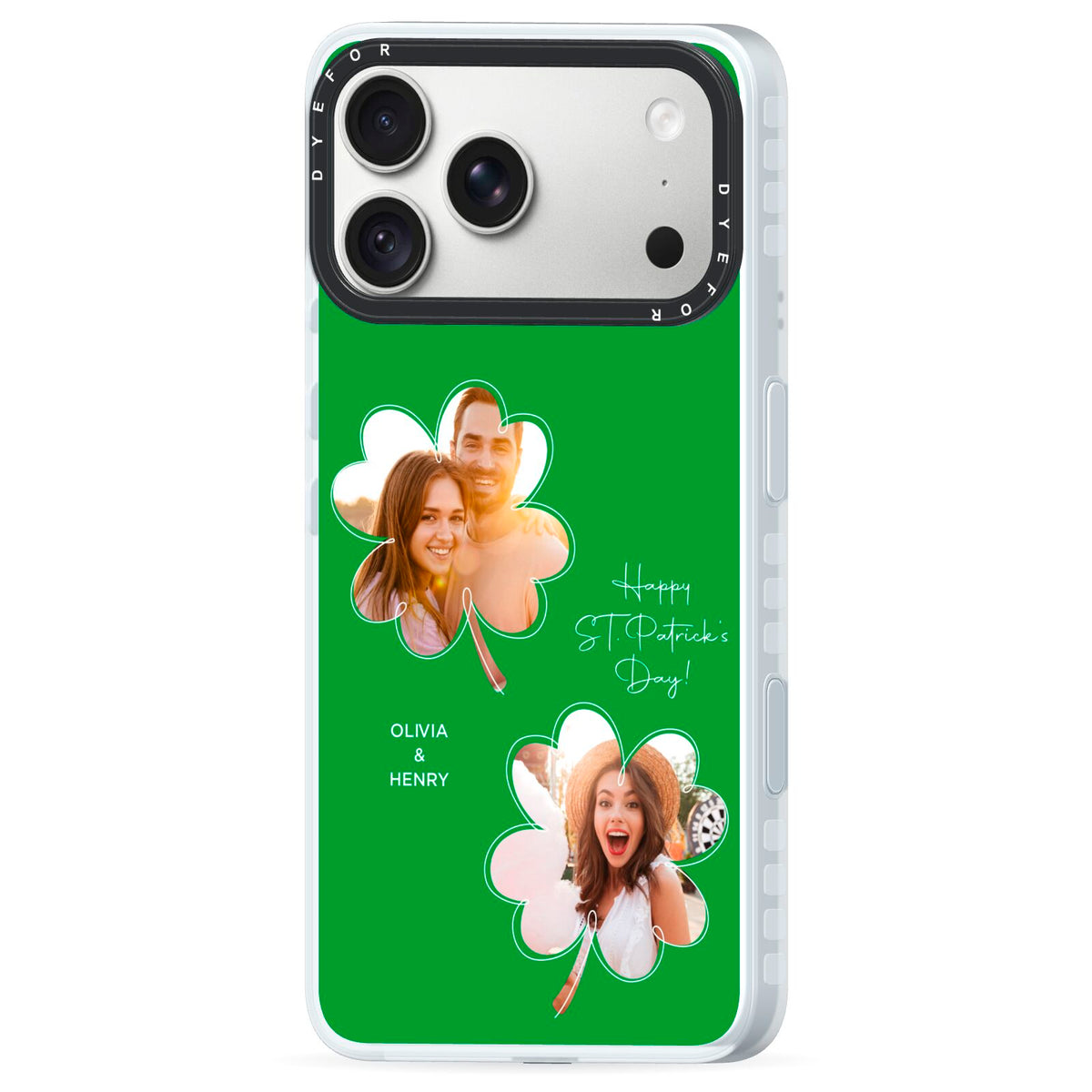 Personalised Photo St Patricks Day iPhone 18 Pro Black Impact Pre order Case Side Angle on Silver phone