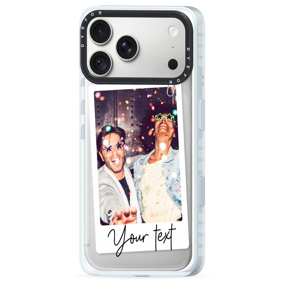 Personalised Photo with Text iPhone 18 Pro Black Impact Pre order Case Side Angle on Silver phone